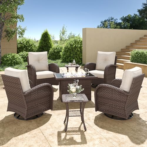 5 Pieces Wicker Patio Furniture Set, Luxury Outdoor Conversation Set with High Back Swivel Rocker Chairs