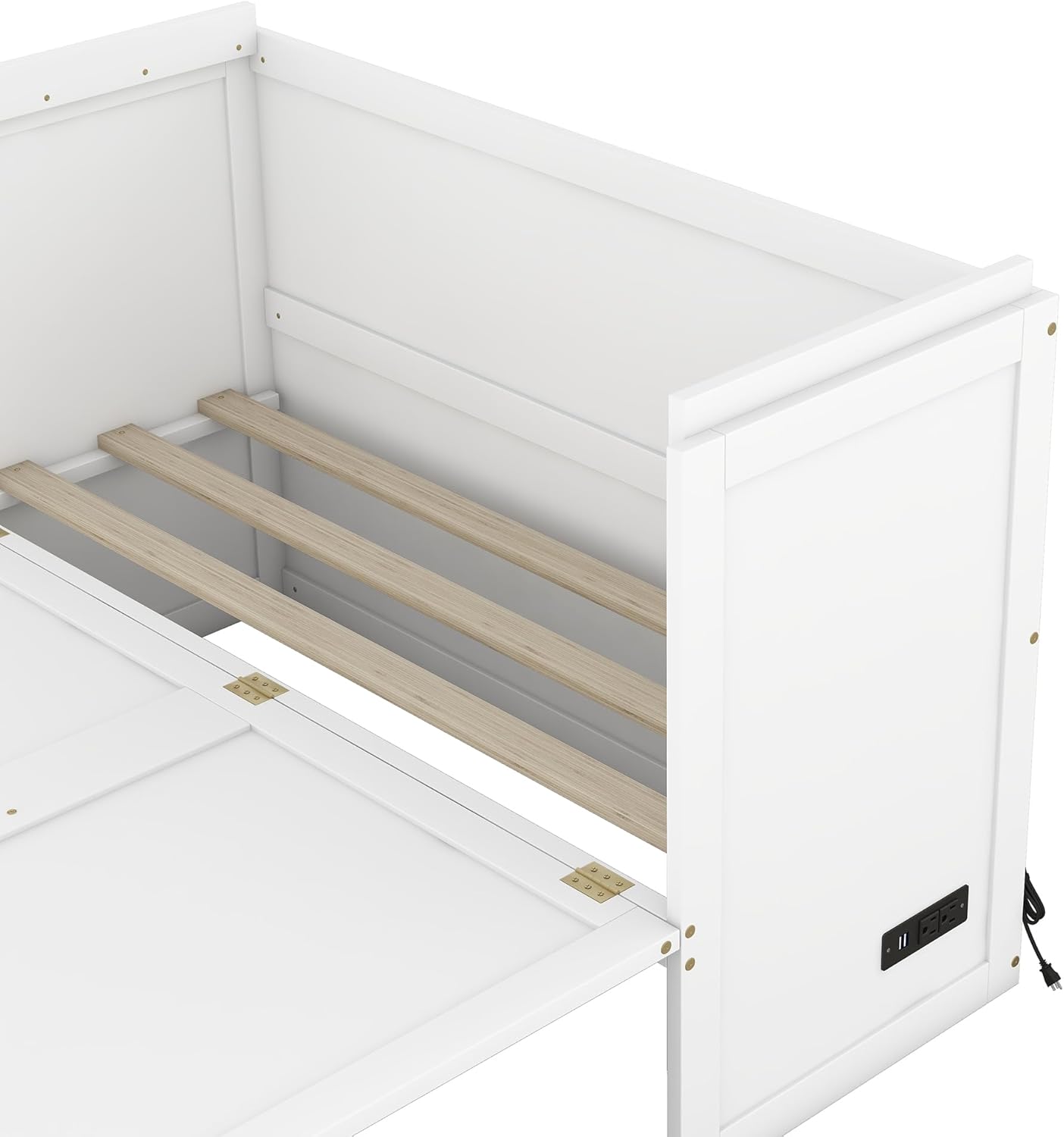 Full Size Murphy Bed Cabinet with Storage Drawer and USB Port, Wood Foldable Bedframe WallBed for Bedroom Apartment Small Spaces, White