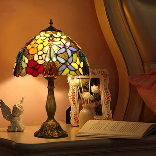 Tiffany Table Lamps for Living Room 12X12X19 INCH Tall Blue Dragonfly Stained Glass Table Lamps for Dining Room Bedroom Bedside Nightstand Retro Antique Style Home Office Desk Lamps