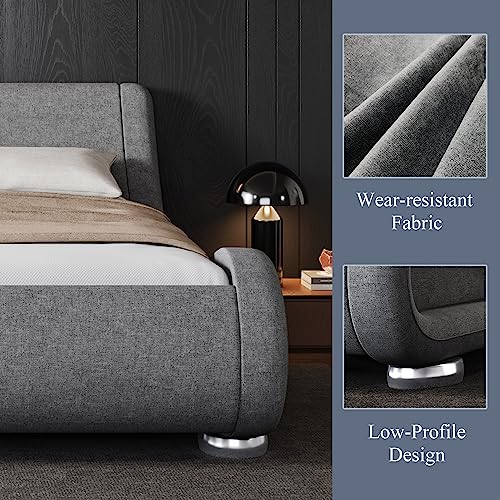 Allewie Queen Size Bed Frame with Ergonomic & Adjustable Headboard, Low Profile Modern Upholstered Platform Sleigh Design - Easy Assembly, No Box Spring Required, Black