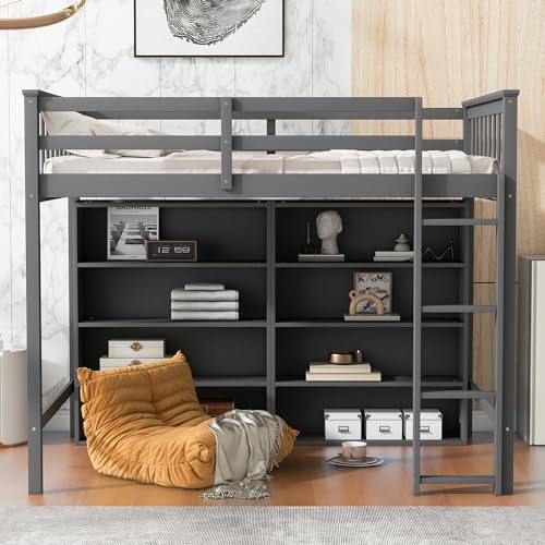 Modern Full Size Loft Bed with Cabinet and Bookshelf, Wood Loft Bed Frame with Built-in Desk and Wardrobe for Kids Teens Adults, Maximize Space (White-7.22)