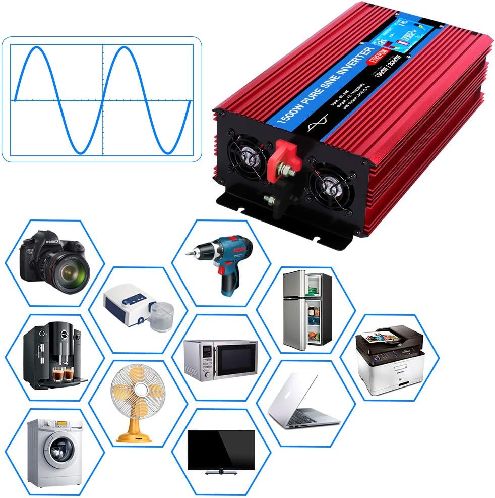 ETREPOW 3000 Watt Pure Sine Wave Inverter 12V to 110V 120V with LCD Display, 4 AC Sockets, 2.1A USB Port, Dual Fans and Wireless Remote Control-Off-Grid Inverter for RV, Automotive 6000W Peak