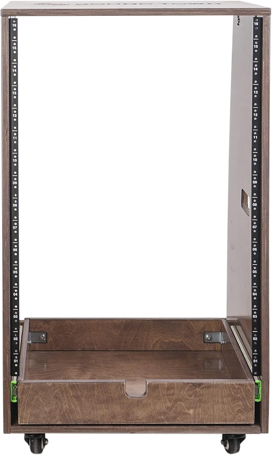 Sound Town 12U DIY Slanted Studio Rack with 12U Rack Space, Extra 2U Drawer, Plywood, Rubber Feet, Casters, Weathered Gray (SDRK-12TBD2)