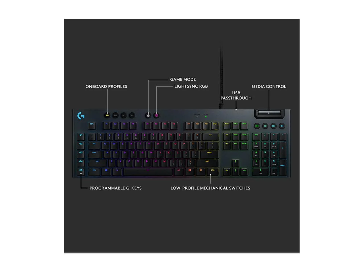 Logitech G815 Lightsync RGB Mechanical Gaming Keyboard - Cable Connectivity - USB Interface - English - PC, Windows, Mac OS - Mechanical Keyswitch - Black