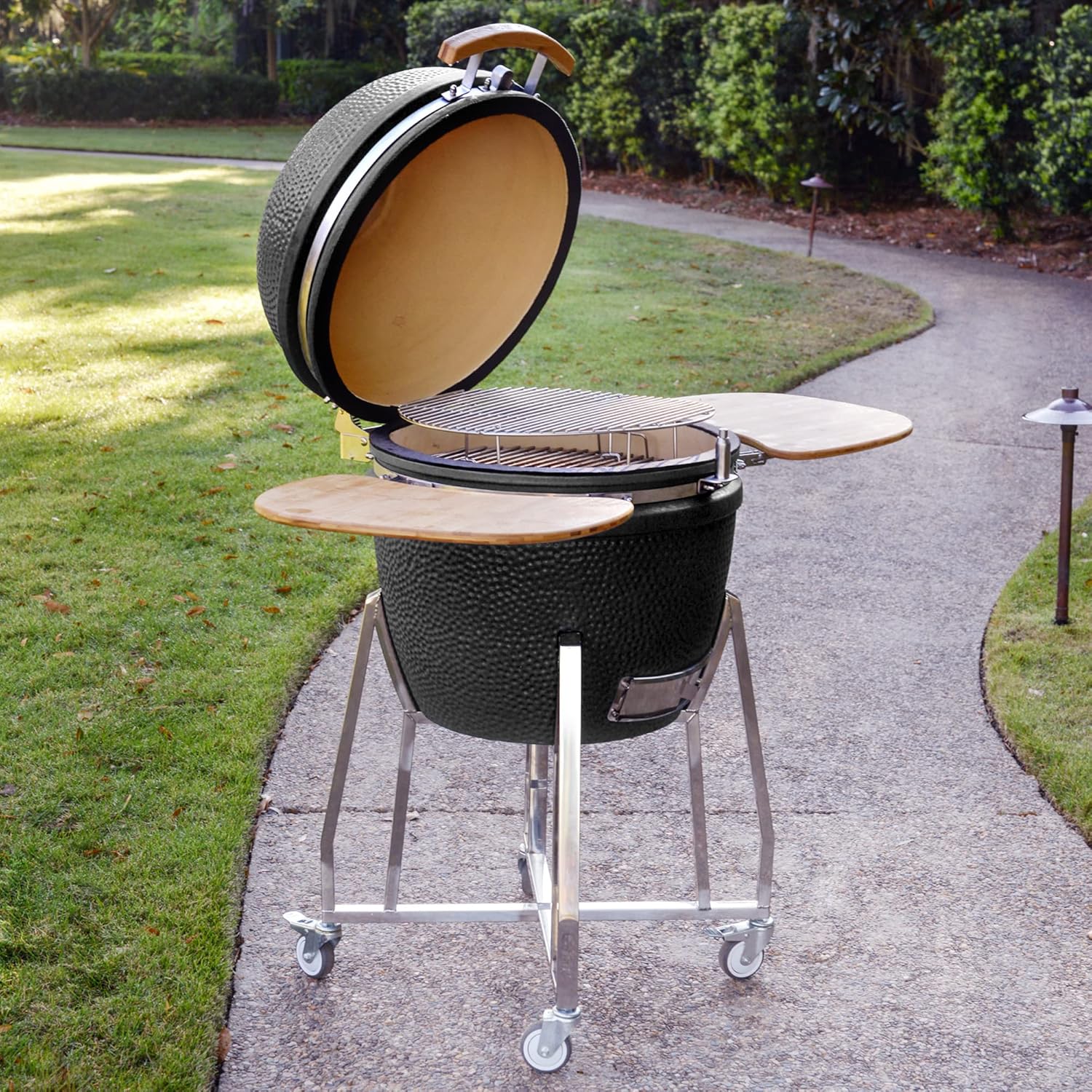 Lifesmart 15 Kamado, 6-In-1 Kamado Grill with Stainless Steel Cart, Includes Free Electric Starter, Grill Cover, Pizza Stone, Built-in Thermometer
