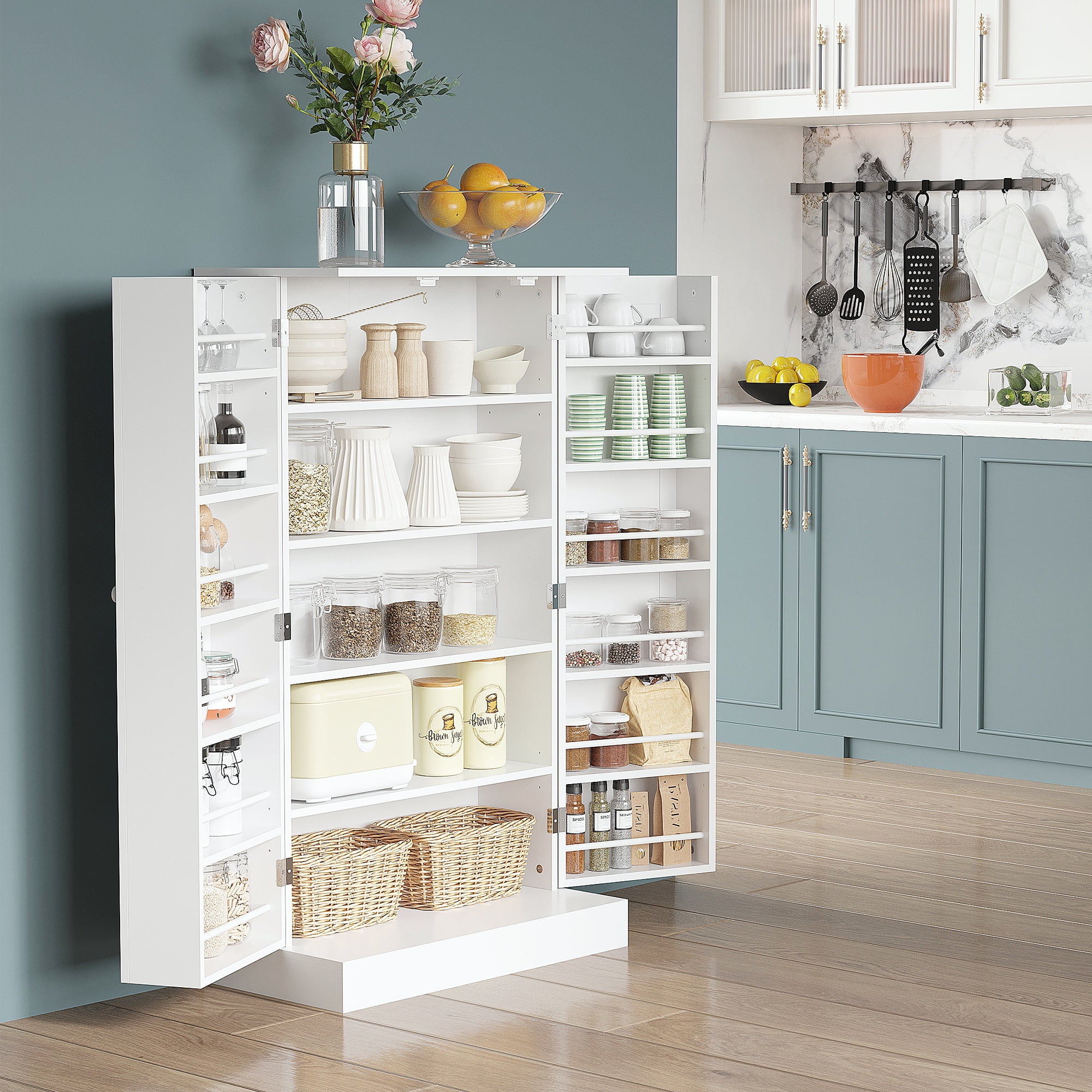 HOMCOM 41" Farmhouse Kitchen Pantry, Freestanding 2 Door Storage Cabinet with Adjustable Shelves for Living Room and Dinning Room,White