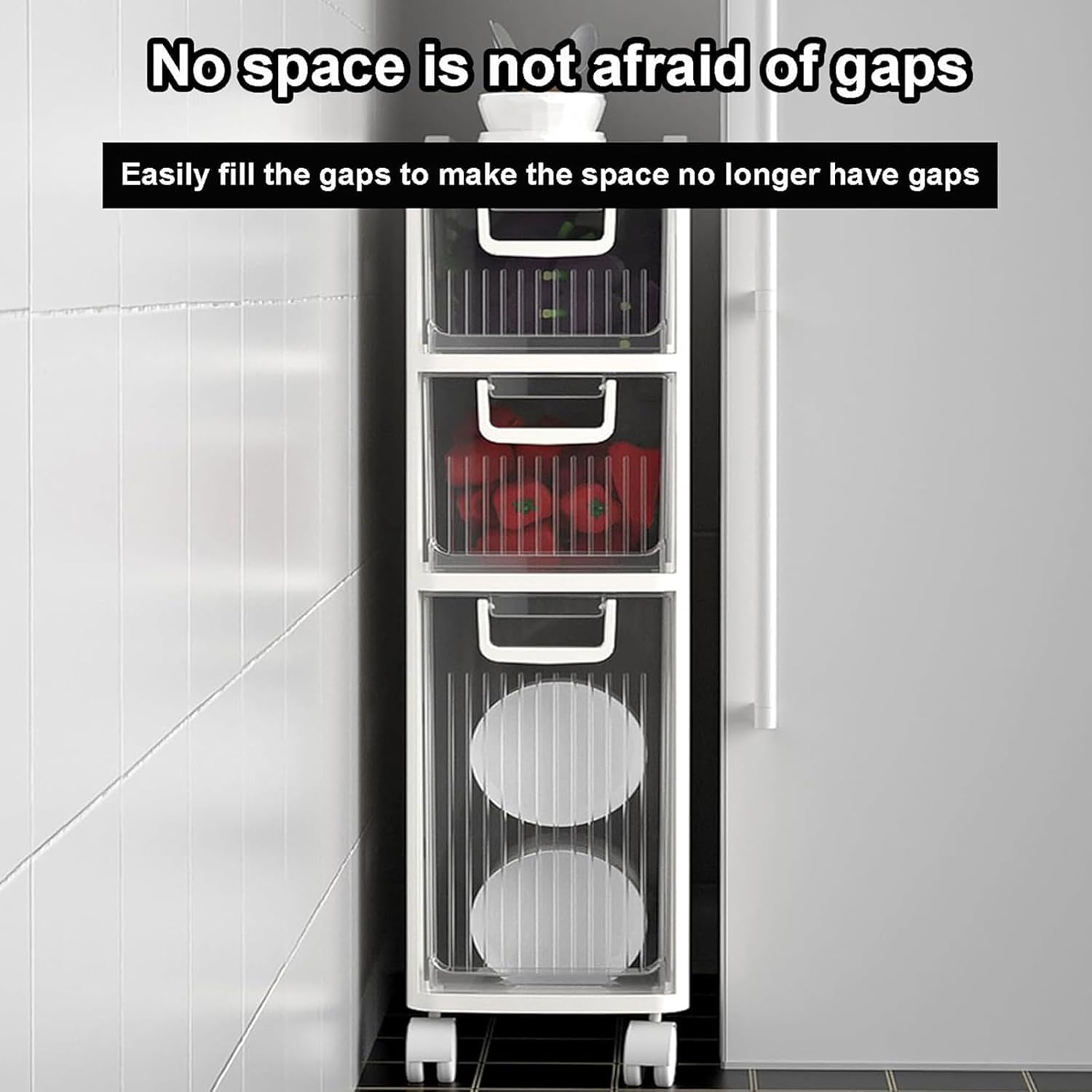 Standing Storage Cabinet 4 Tier Small Spaces Gaps Bathroom Storage Cabinet Side Narrow Organizer with Clear Drawers and Casters Bathroom Floor Cabinet for Kitchen, Bathroom, Bedroo