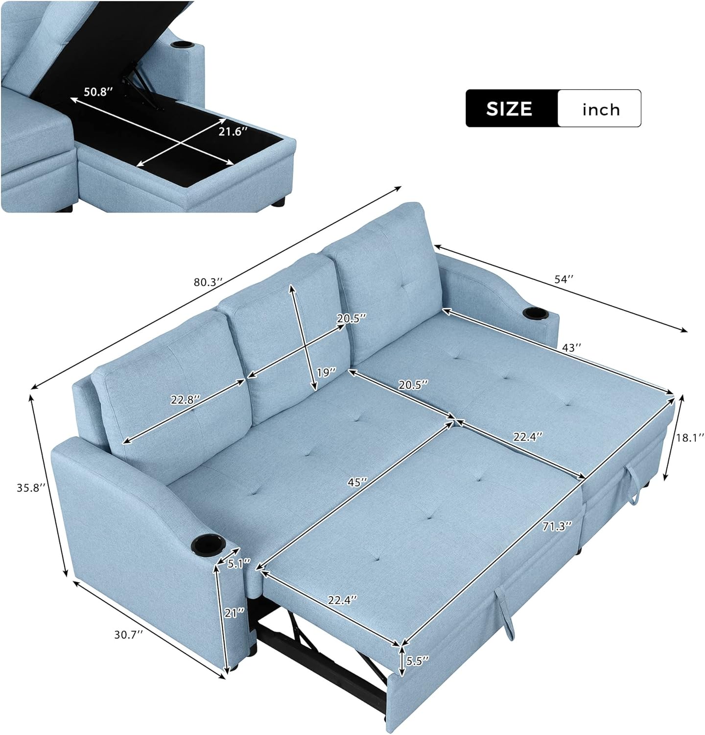 80.3" L-Shape Convertible Sleeper Sofa with Pull-Out Bed, Storage Chaise and 2 Cup Holders, Linen Fabric 3 Seater Upholstered Reversible Couch for Small Spaces Living Room, Blue