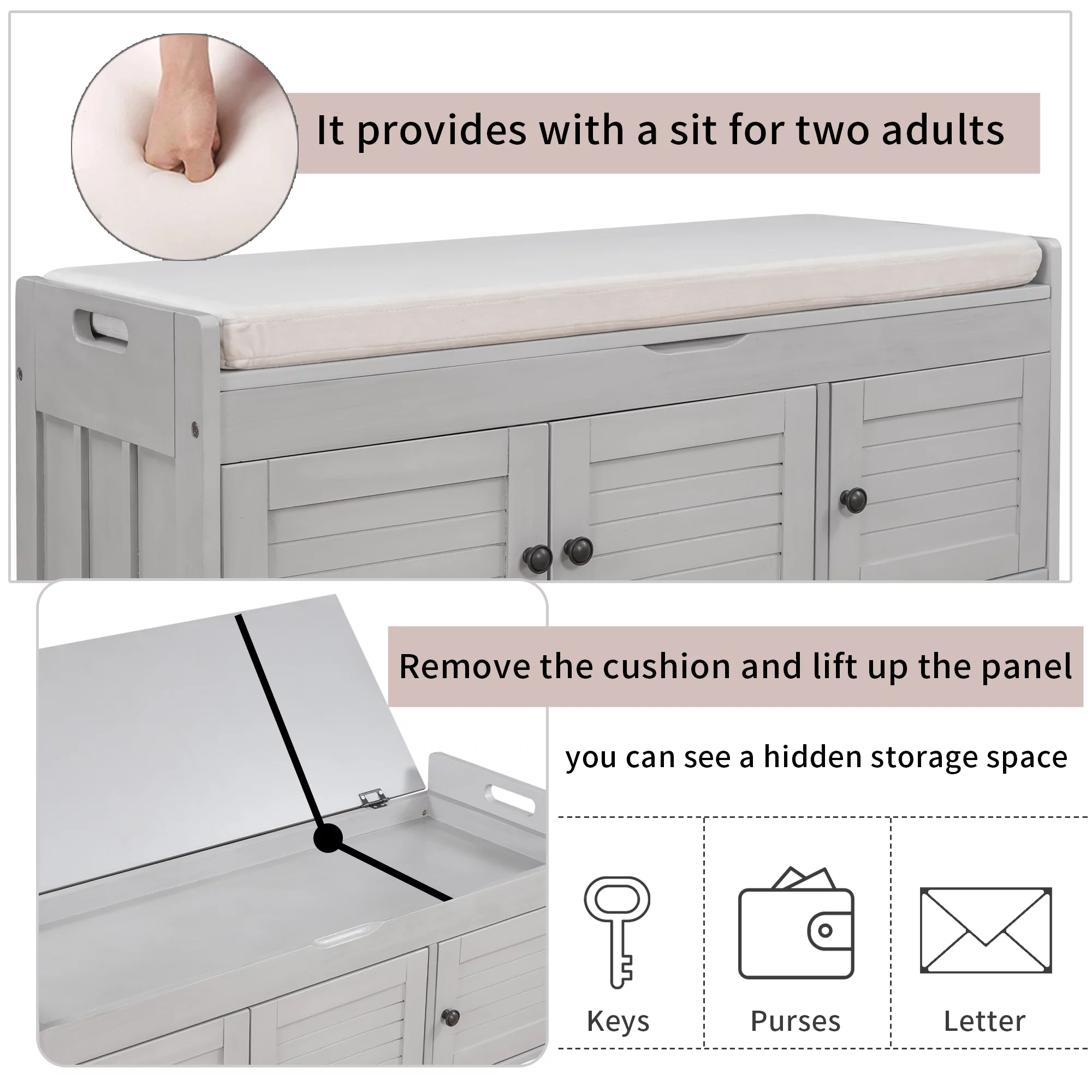 CHURANTY Entryway Storage Bench with Cushion Woodenb Shoe bench with Seat, 3 Shutter-shaped Doors, Hidden Storage Space,Gray Wash