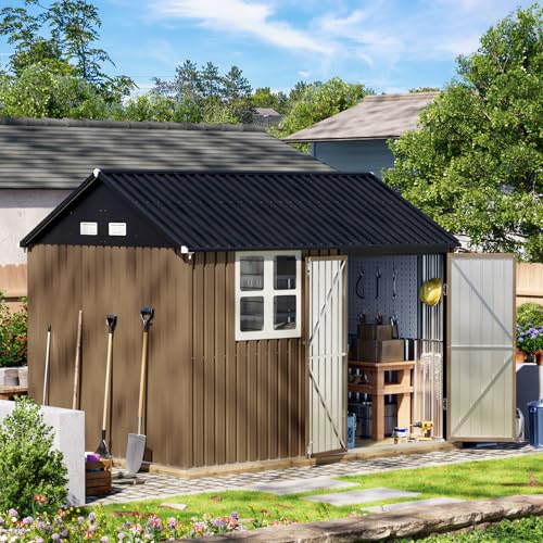 10X12X7.5 FT Outdoor Steel Storage Shed with Lockable Doors, 2 Windows, Transparent Roof Panels (Wood Panels & Frame Floor Not Included), Ideal for Patio Storage,Garbage Can, Chicken Coop，Brown