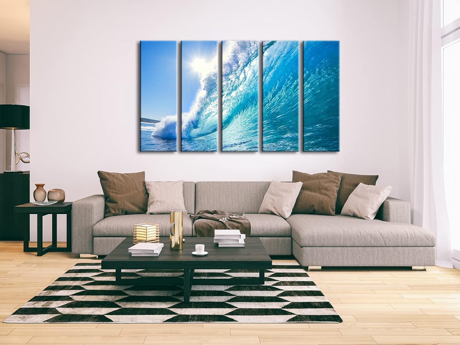 Wieco Art Sea Waves Large 5 Piece Modern Framed Giclee Canvas Prints Seascape Artwork Ocean Beach Pictures Paintings on Canvas Wall Art Ready to Hang for Living Room Bedroom Home Office Decorations