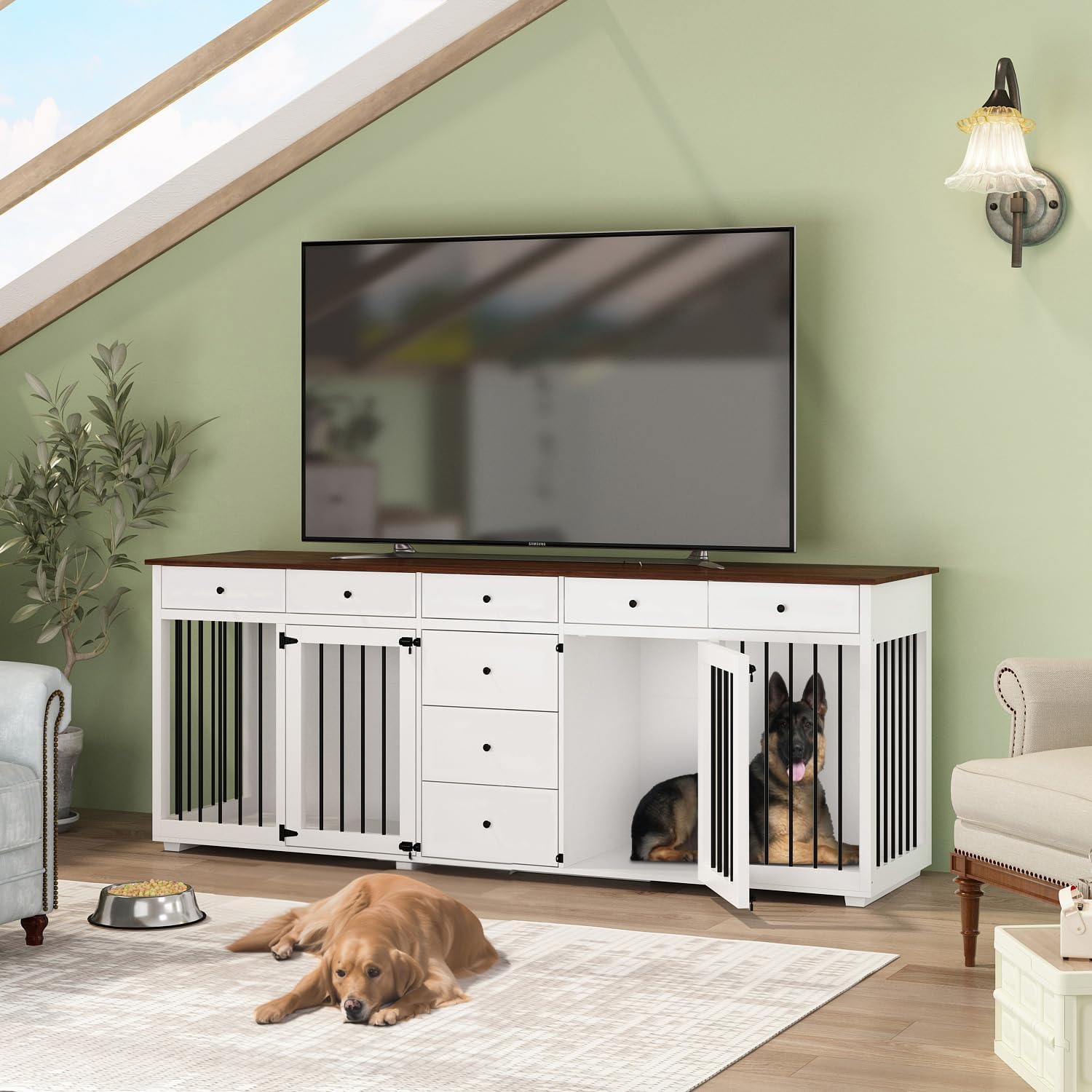 Lovinouse Large Dog Crate Furniture for 2 Dogs, 89" Heavy Duty Wooden Dog Kennel with 8 Drawers, Indoor Furniture Style Dog Kennel with Double Rooms for Large Medium Dogs, White