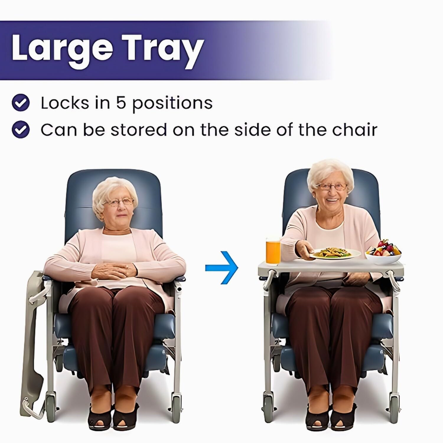 Medacure Reclining Geri Chair - Bariatric Options, 3 Positions, Retractable Lock Bar, Large Tray, 500 Lbs Weight Capacity, Dimensions - 47.5" H x 32" W x 41.5" D - GC500