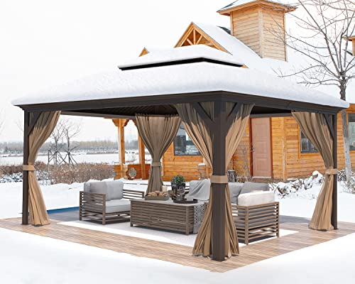 MELLCOM 12'x16' Hardtop Gazebo, Galvanized Steel Metal Double Roof Canopy with Curtains and Netting, Brown Permanent Pavilion Gazebos with Aluminum Frame for Garden, Patio, Lawns, Deck