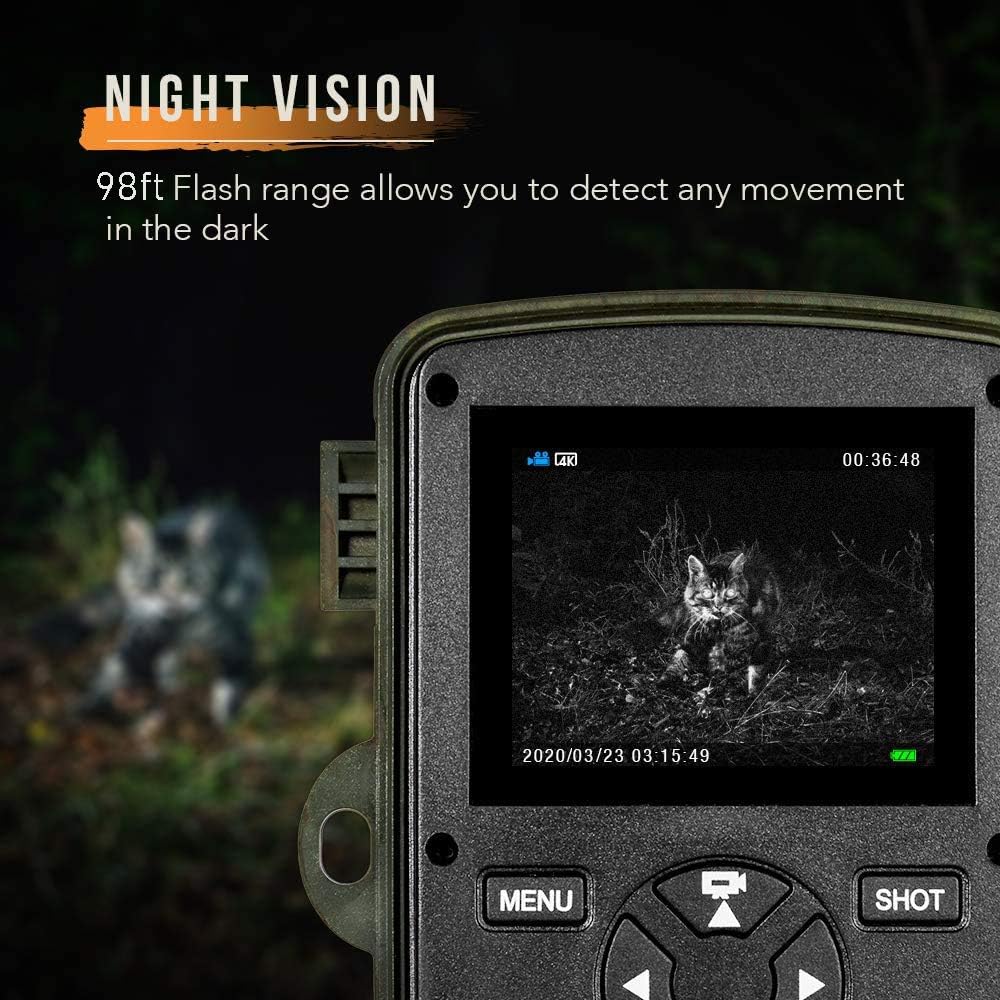 Trail Game Camera 4K 20MP 1080P Night Vision 98ft/30M 0.2s Motion Activated IP66 Waterproof 120° Wide Angle Lens 2.4" LCD Screen Hunting Scouting Cam with Portable Solar Panel and 32GB Card