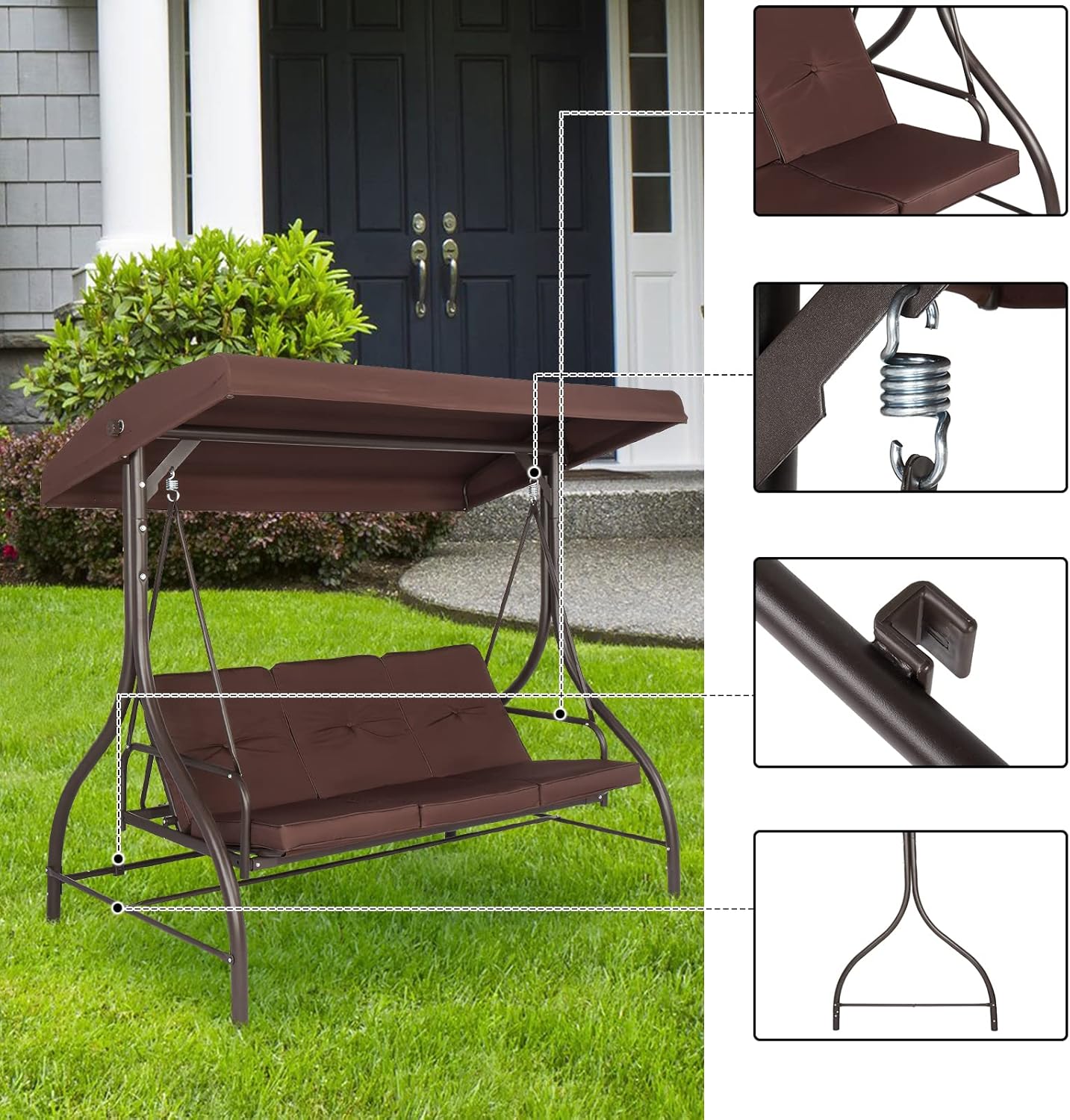 NA Steel Swing Load Bearing 551-pound,Porch Swing Outdoor Patio Swing Seat with Comfortable Cushion and Adjustable Waterproof Canopy Swing Chair,Garden 3-Seater Brown, 74.8''*47.24''*68.9''