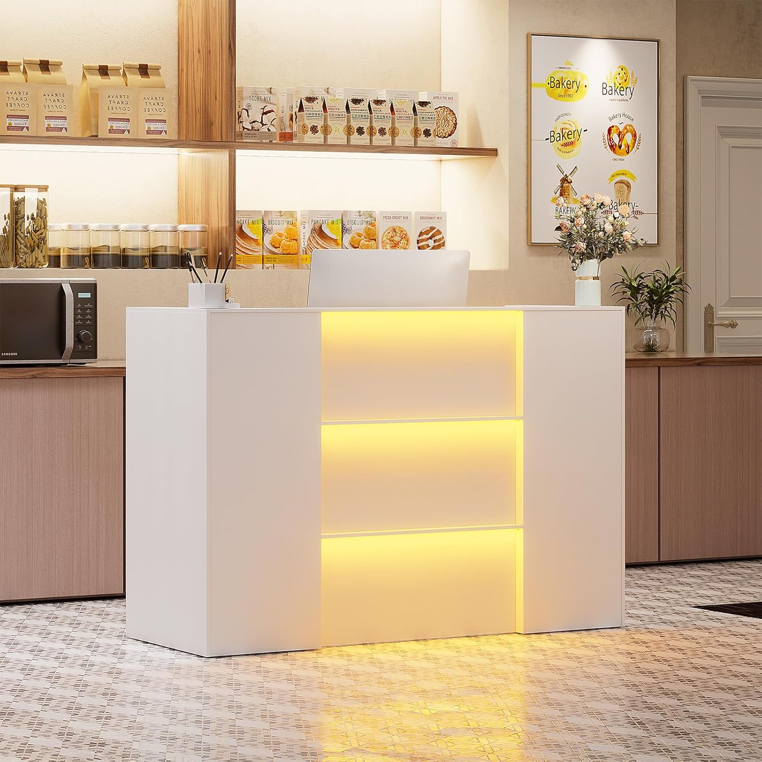PAKASEPT 63 Inches Reception Desk, Front Desk with RGB LED Lights, Modern Reception Desk with Counter & Lockable Drawer & Open Shelves, Large Counter Table for Office Hotels, Flower Clothing Shops