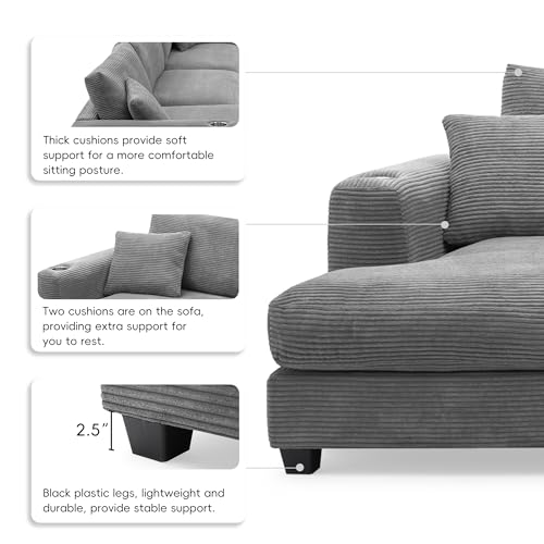 Oversized Corduroy Sectional Sofa, L Shaped Cloud Couch with USB Charging Port,Cup Holder,Deep Seat Sofa Bed with 50" Chaise, Comfy Indoor Furniture for Living Room Apartment (Beige)