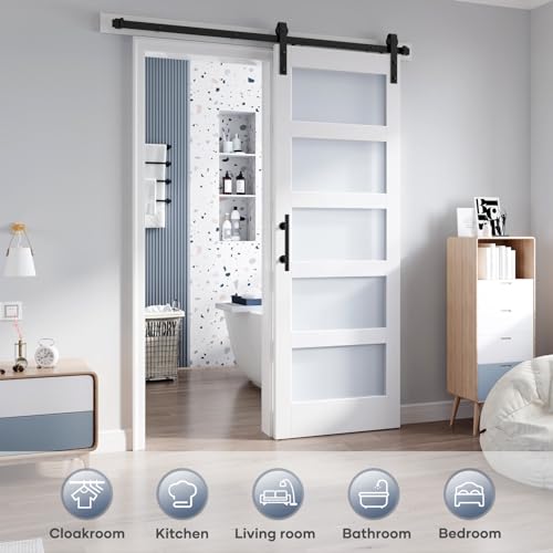 36x84 Inch Glass Sliding Barn Door Slab and 6.6ft Hardware Kit Included, 5 Frosted Glass, LVL Wood Panel Covered with White Water-Proof Scratch-Proof PVC Surface, Simple DIY Assembly