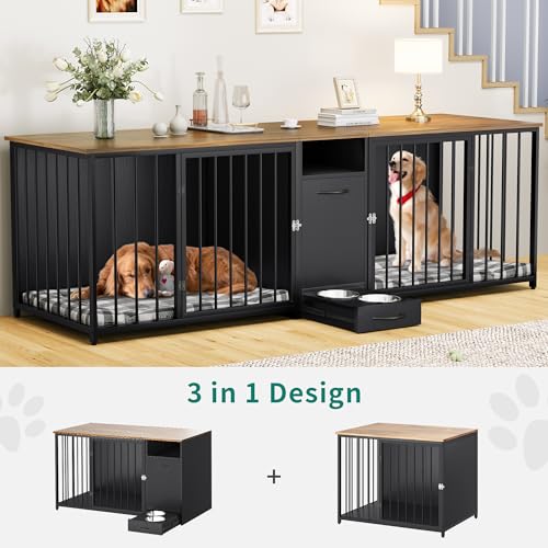 DWVO Double Dog Kennel Furniture, 80.2" Dog Cage Furniture with Divider, Double Dog Crate TV Stand for 2 Medium Dogs, Black