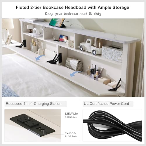 T4TREAM Fluted Panel King Bed Frame with Bookcase Headboard & Charging Station, Modern Wood Platform Bed with 4 Drawers, Wood Slats Support, Noise Free, No Box Spring Needed, Dark Grey