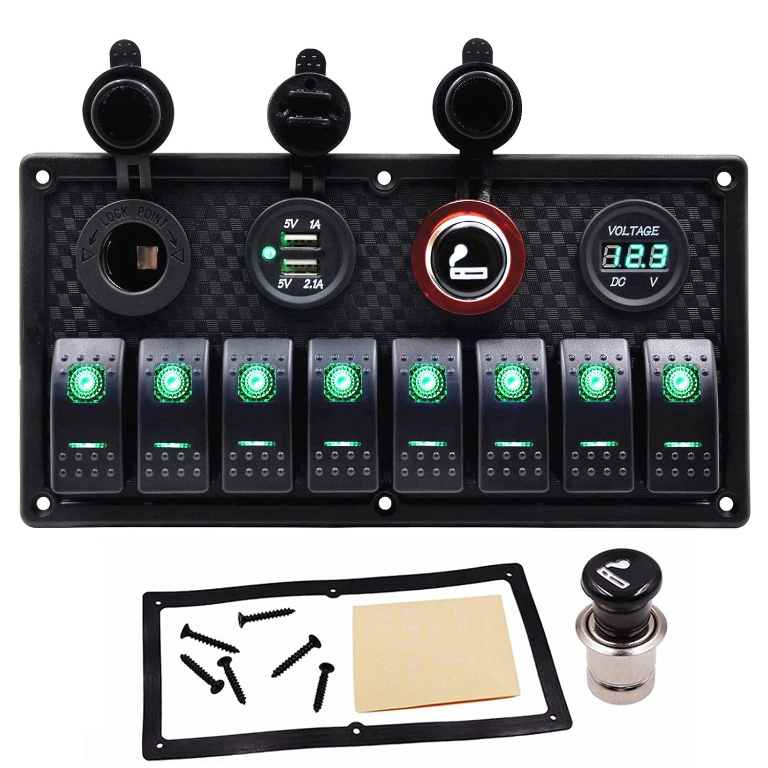 8 Gang Boat Rocker Switch Panel Marine Switch Panel Waterproof 12V LED Aluminum Switch Panel Marine Toggle Switches for Car Truck Boat with 3.1A USB Charger Digital Voltmeter ON/Off (8Gang Green) Pack of 2