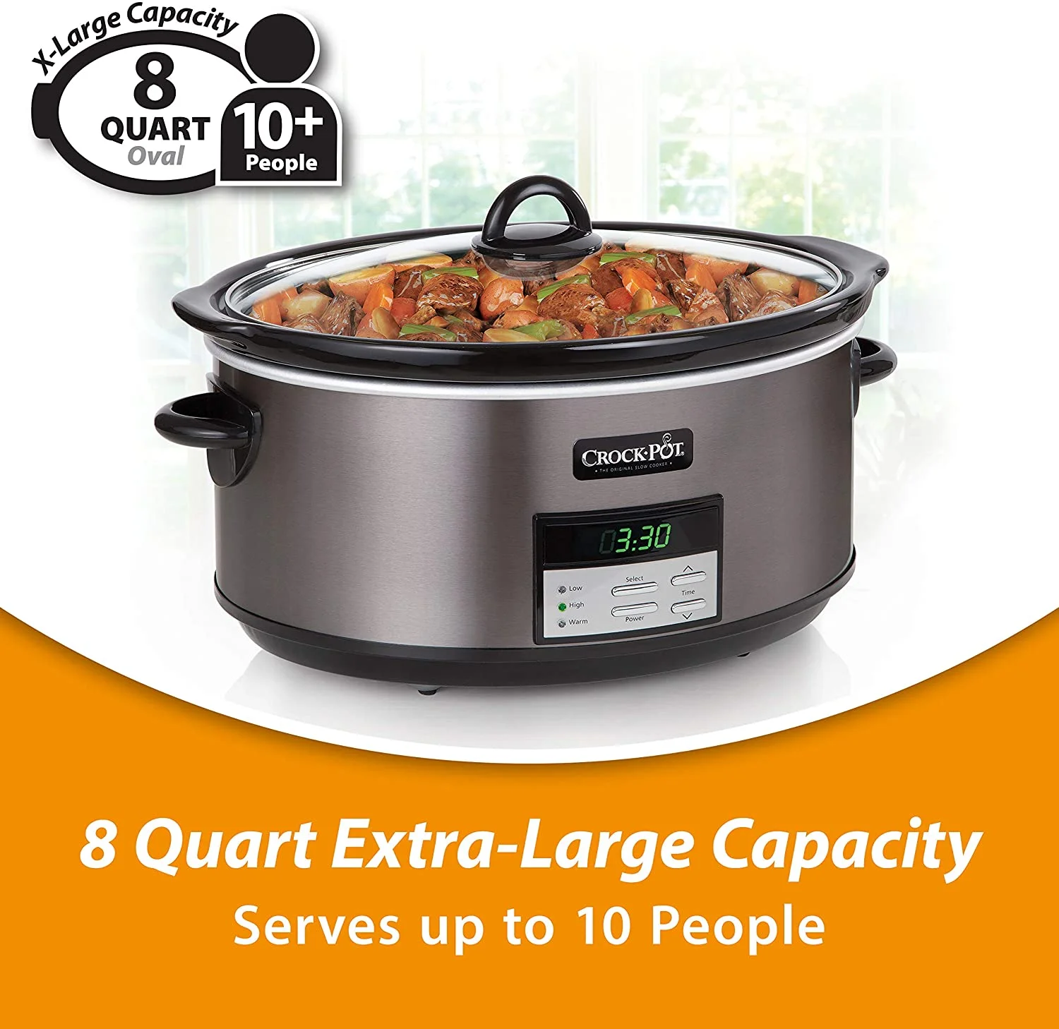 Crock Pot Slow Cooker|8 Quart Programmable Slow Cooker with Digital Countdown Timer, Black Stainless Steel - SCCPVFC800-DS