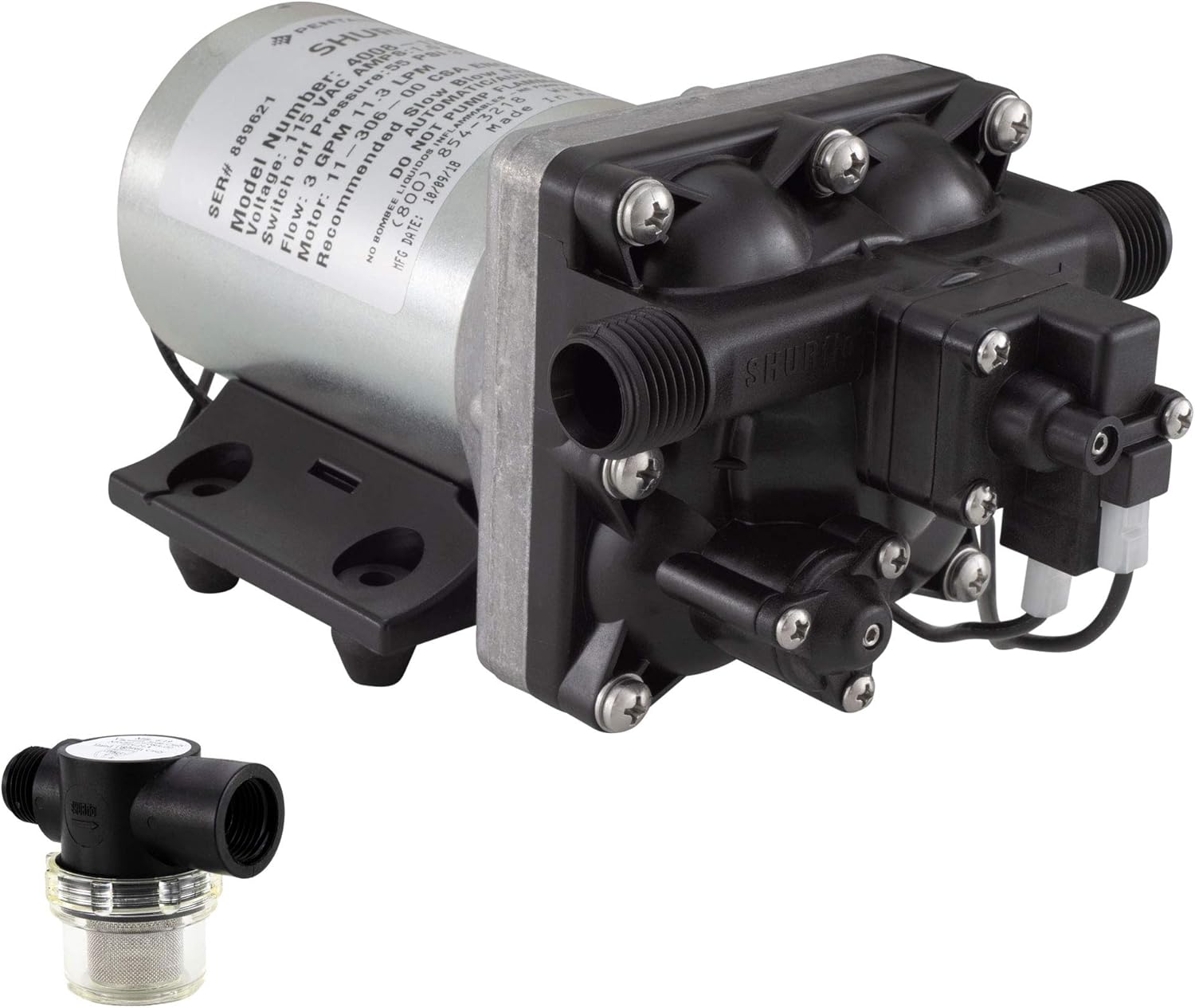 RV Water Pump Shurflo 4008-171-A65 3.0 GPM | 115V Water Pump | Self-Primer | Camper Water Pump | RV Plumbing | Optional Strainer (1 Pump, No Strainer)