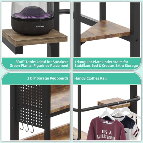 Loft Bed Twin Size, Twin Loft Bed with Desk, Metal Bunk Bed with Desk Underneath and LED Lights & Charging Station, L-Shaped Desk and Storage,5 Drawer&2 Pegboards, Safety Guard Ladder, Brown