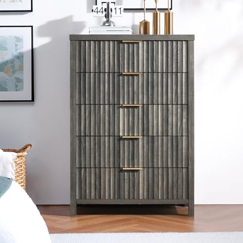 5 Drawers Dresser, 44 Inches Tall Modern Dresser for Bedroom, Curved Profile Design Chest of Drawers, Wood Drawer Organizer for Living Room, Hallway, Entryway (Grey Oak, 2 Pieces)