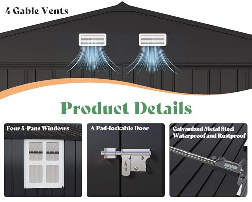 AMERLIFE 13.2x21x8 FT Outdoor Metal Garage Shed, Extra Large Storage Shed with Double Hinged Doors, 4 Windows, Carport for Car, Truck, Motorcycle and Lawn Equipment, Dark Grey