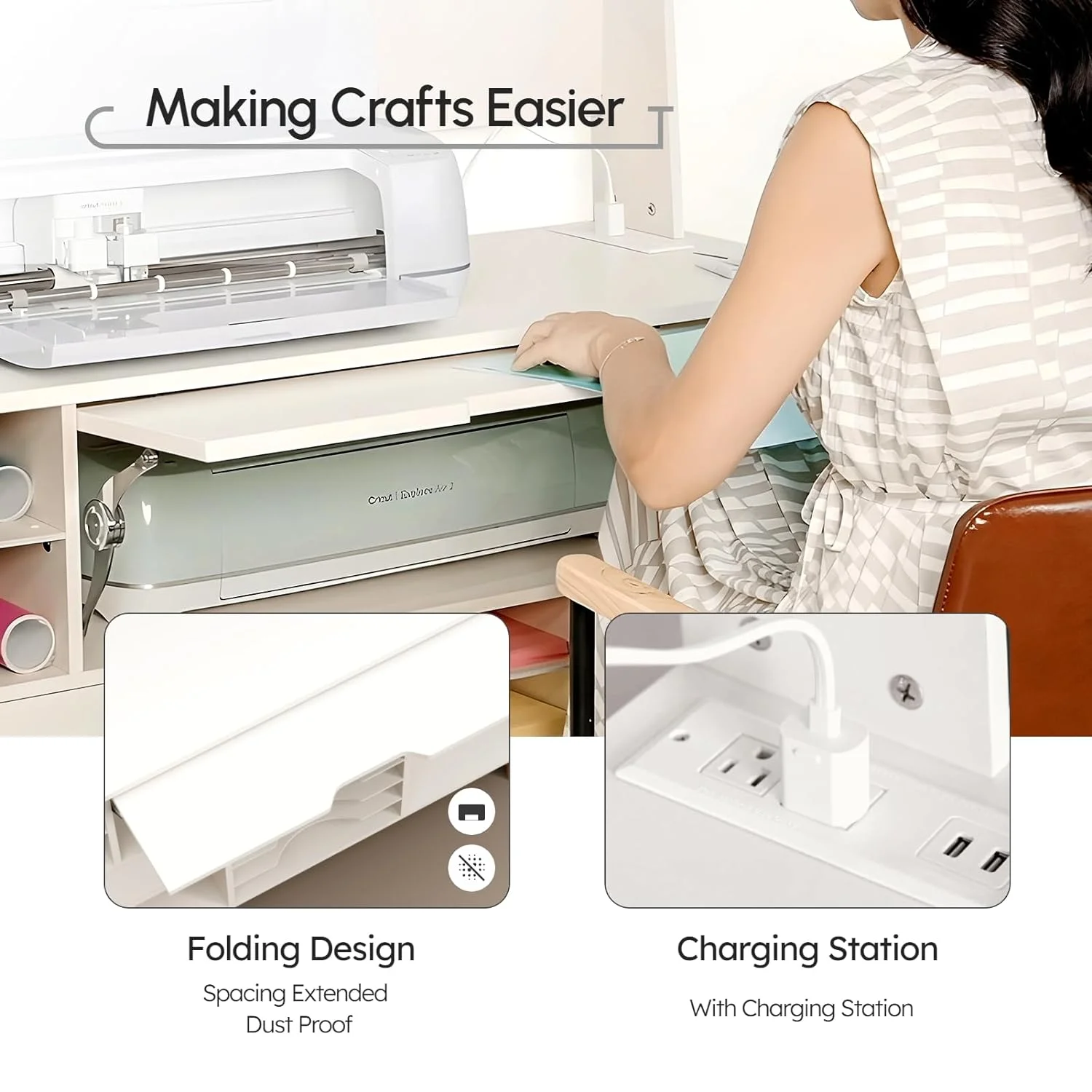 Organization and Storage Cabinet Compatible with Cricut Machines, Craft Cabinet Table Crafting Desk Organizer with Charging Station, Pegboard, Vinyl Roll Holders, Large Craft Room Furniture