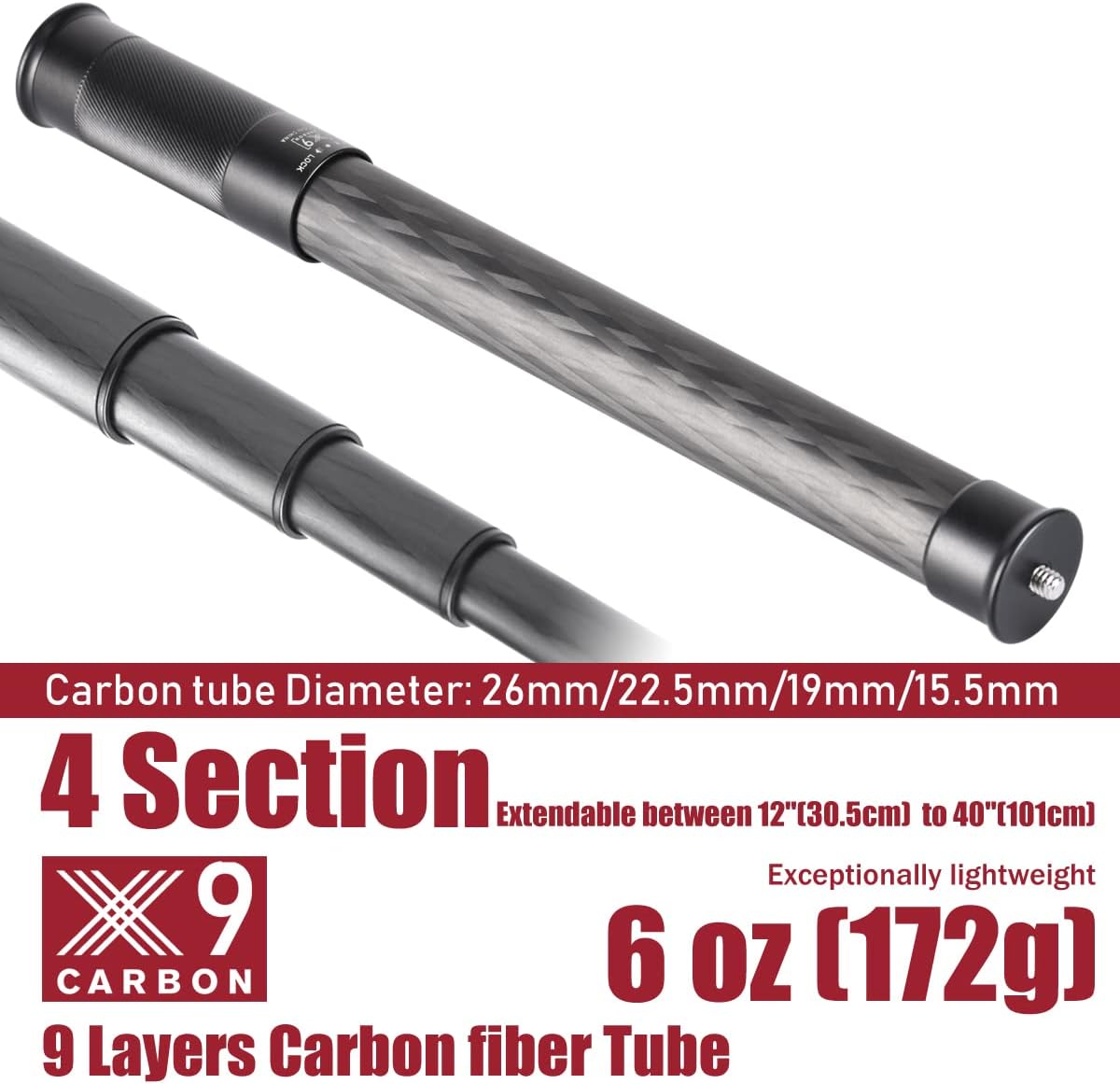 Carbon Fiber Extension Pole,Fast Twisting Lock 4 Section Tube,1/4 Screw Mount Compatible with Camera Phone Gimbal Video Stablizer,Lightweight Camera Stick for Photography