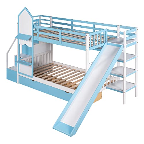 Twin Over Twin Floor Bunk Bed, Ladder with Storage, Wood Bunk Bed, Gray ，Queen Bed