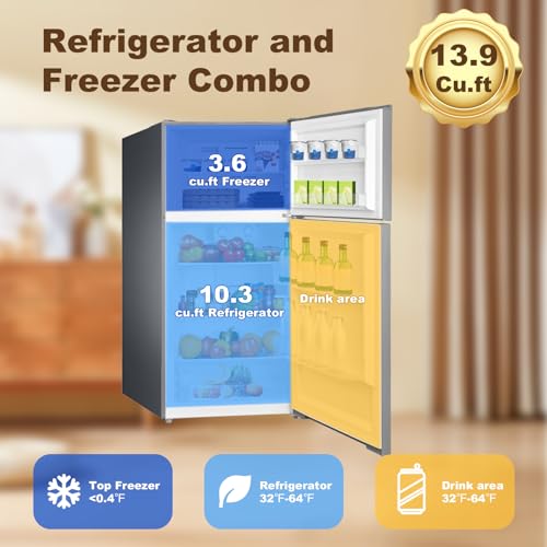 Refrigerator with Freezer, Top Freezer Apartment Size Refrigerator, Full Size Refrigerator, Stainless Steel Fridge, 2 Door Fridges with Adjustable Thermostat Control, for Bedroom
