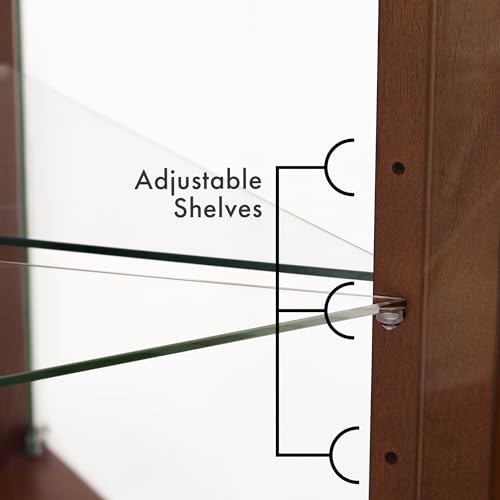 Corner Curio Cabinet with Lights, Glass Display Cabinet with Adjustable Tempered Glass Shelves & Mirrored Back, Walnut (Light Bulb Not Included)