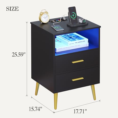 Nightstand set of 2 with Charging Station, Smart Night Stand with LED Light, Wood Bedside Table with 2 Drawers and Storage, Modern End Table for Bedroom Living Room, Grey