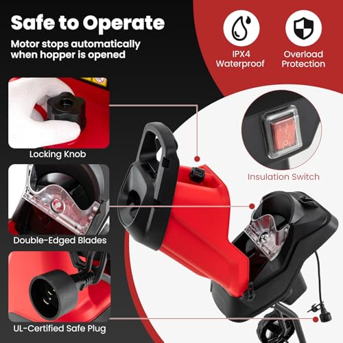 15 Amp Electric Wood Chipper Shredder, Corded Leaf Mulcher Shredder with Plunger, Collection Bag & 15:1 Reduction, Garden Shredder with Wheels for Branches, Leaves, Waste(Red)