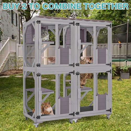 Catio Outdoor Cat Enclosure,Cat House with Wheels,Upgraded cat Scratching Post，Resting Box,Waterproof Roof for Patio Garden (Grey, 31.5" L x 31.5" W x 70.9" H)