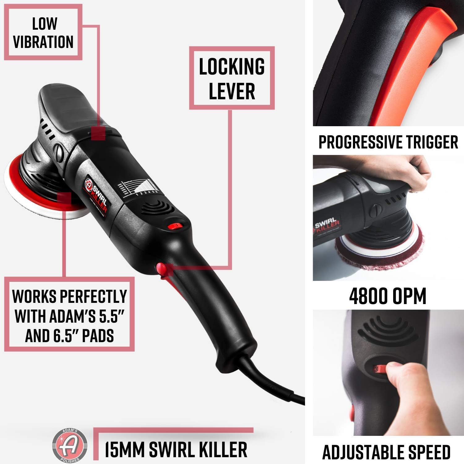 Adam&rsquo;s Swirl Killer 15mm Car Polisher - Buffer Polisher Dual Action Machine | Use W/Car Polish, Polishing Compound, or Car Scratch Remover | Detailing Car Wash Clay Bar Ceramic Coating