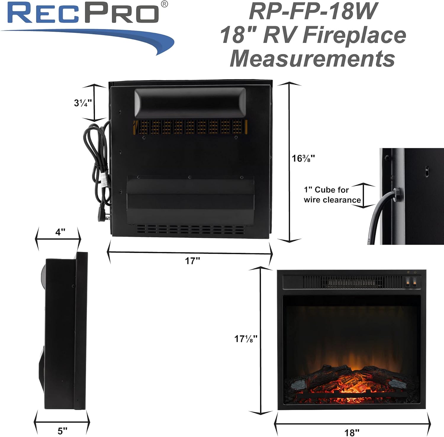 RecPro RV Fireplace 18 | Recessed Electric Fireplace | Glass with Log View | 110 Volt | Electric RV Fireplace | for Camper, Trailer, Home, and More