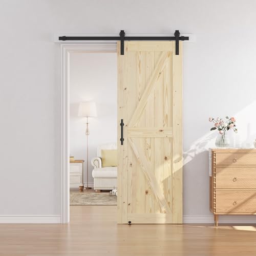 SMARTSTANDARD 36in x 84in Sliding Barn Door with 6.6ft Barn Door Hardware Kit Included, Unfinished Solid Spruce Wood Door, Assembly Required, DIY, Stainable, Natural