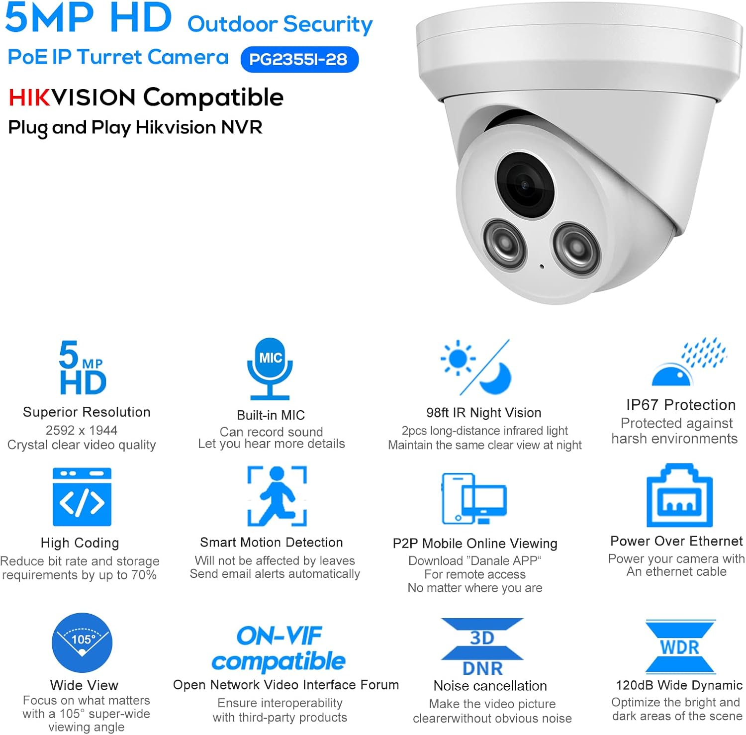 Compatible with Hikvision 8MP Security PoE IP Turret Camera with Built-in Mic,UltraHD 4K Outdoor CCTV Camera with 2.8mm Lens,98ft IR Night Vision and Motion Detection,WDR,IP67 Waterproof