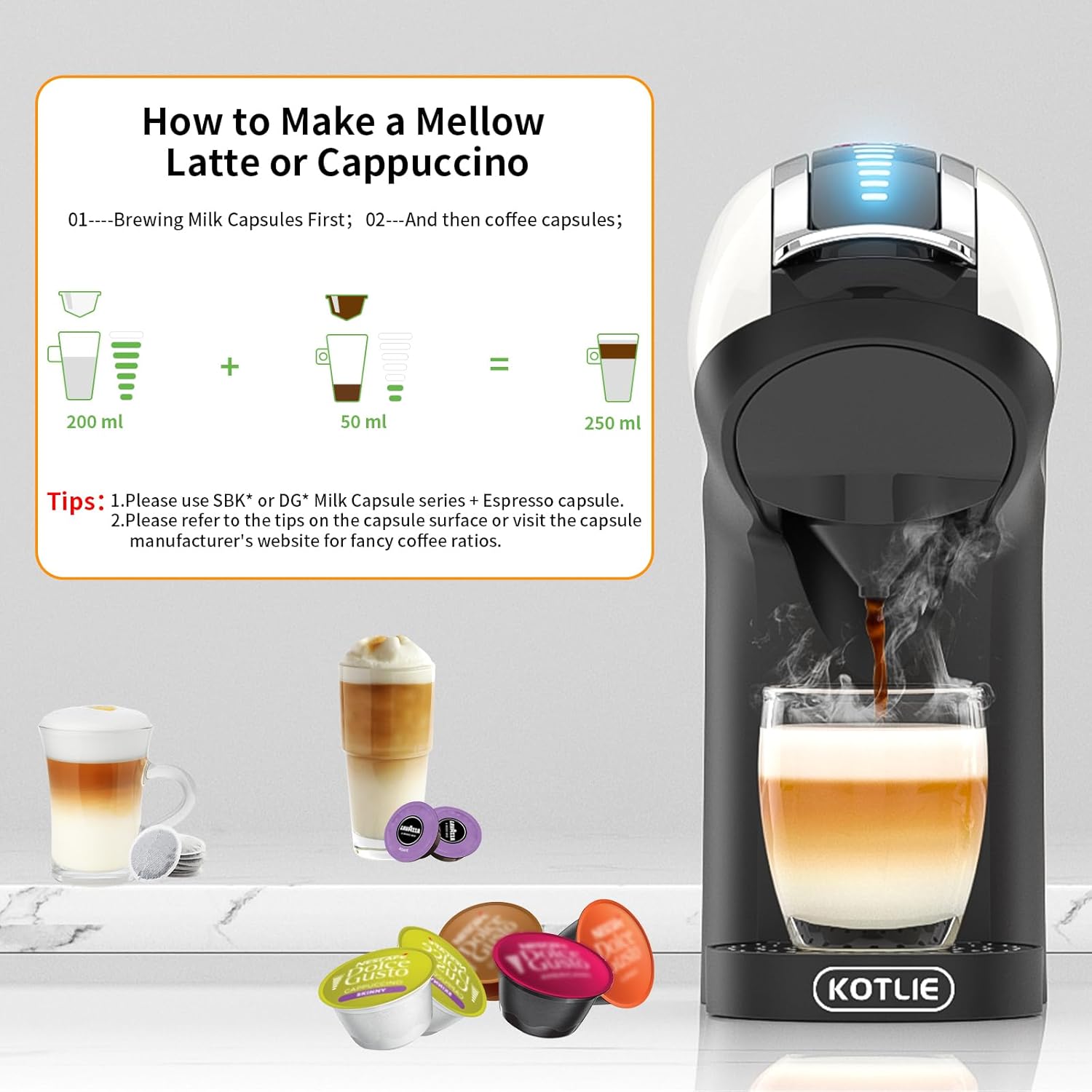 KOTLIE Cappuccino&Latte Maker, 19Bar Espresso Machine, Single-Serve Coffee Maker for Dolce Gusto/Nespresso Original/Kcup/Starbucks Tea and Milk Capsules/Ground Coffee/44mm ESE, Hot&Cold Brewing(White)