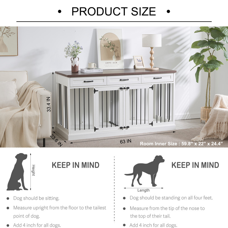 63'' Dog Crate Furniture, Furniture Style Dog Crate Table with 3 Drawers and Removable Divider, Heavy Duty Wooden Dog Kennel for 2 Medium Small Dogs，White - Curated Treasures Market