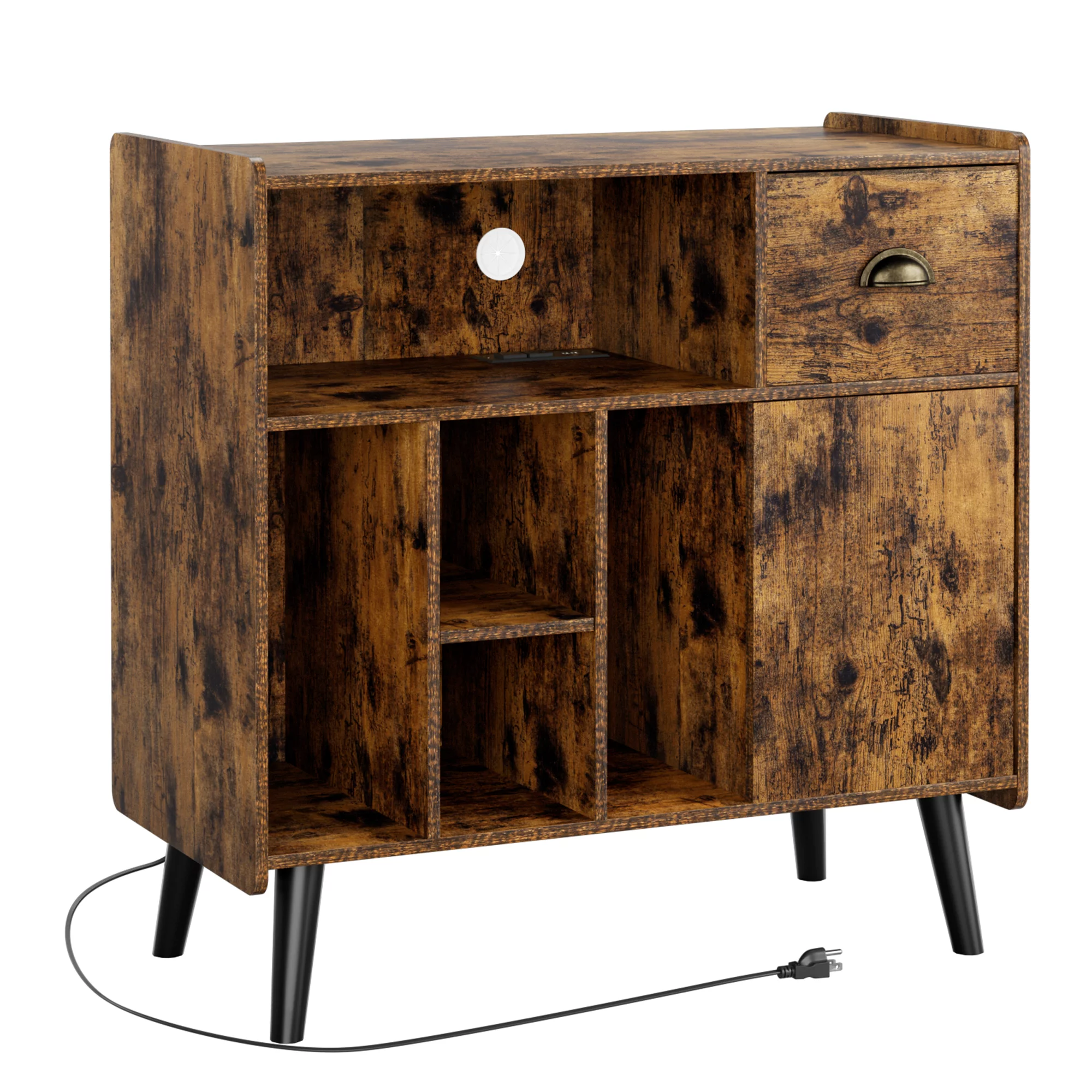Luxmo Record Player Stand with Vinyl Storage, Vinyl Record storage Cabinet with Charging Station, Turntable Stand Record Table Display with Wood Legs for Bedroom Living Room