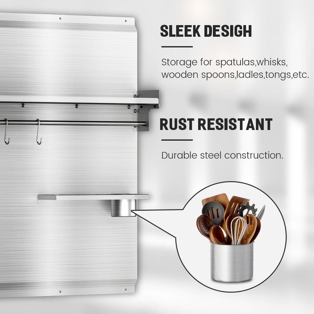 Range Backsplash, 42"x 30" Stainless Steel Backsplash,Easy Clean And Installation with Storage Shelf & Hanging Rack,Range Hood Stainless Steel Backsplash for Stove