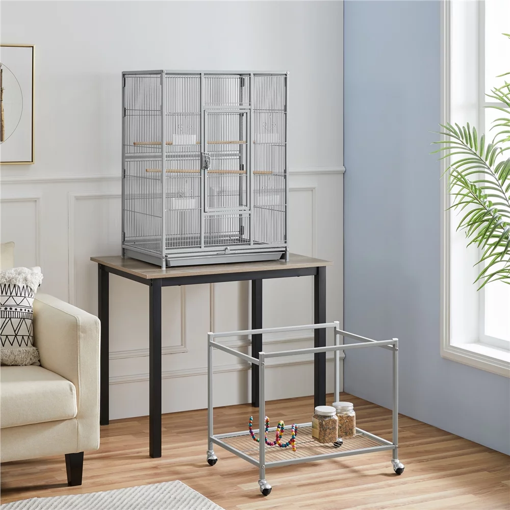 Alden Design 54" Metal Rolling Bird Cage with Detachable Stand, Light Gray - Curated Treasures Market