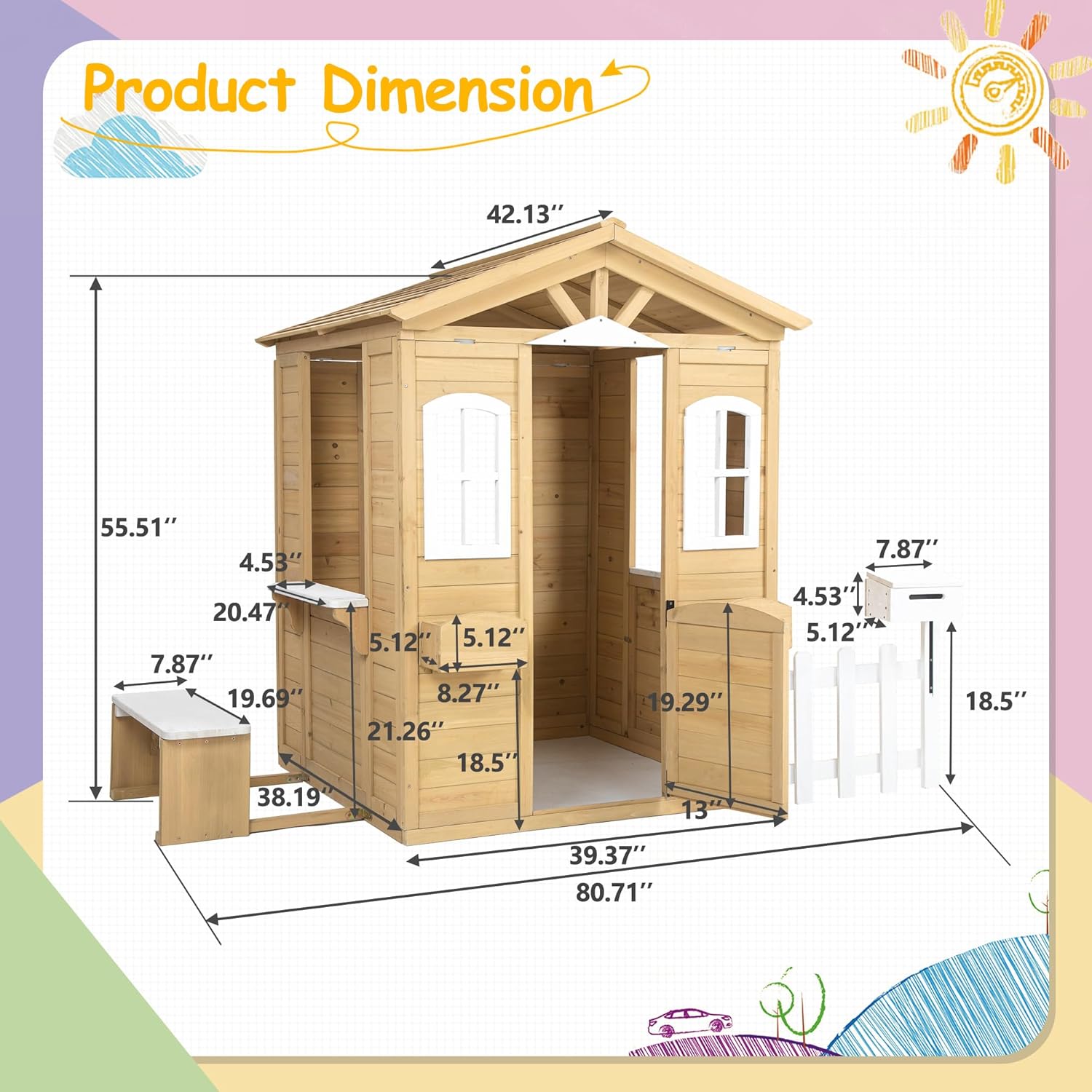 Wooden Playhouse for Kids, Outdoor Kids Playhouse with Working Door, Windows, Mailbox, Bench, Flowers Pot Holder, Playhouses for Kids Ages 4-8, 39" x 38" x 55.5"