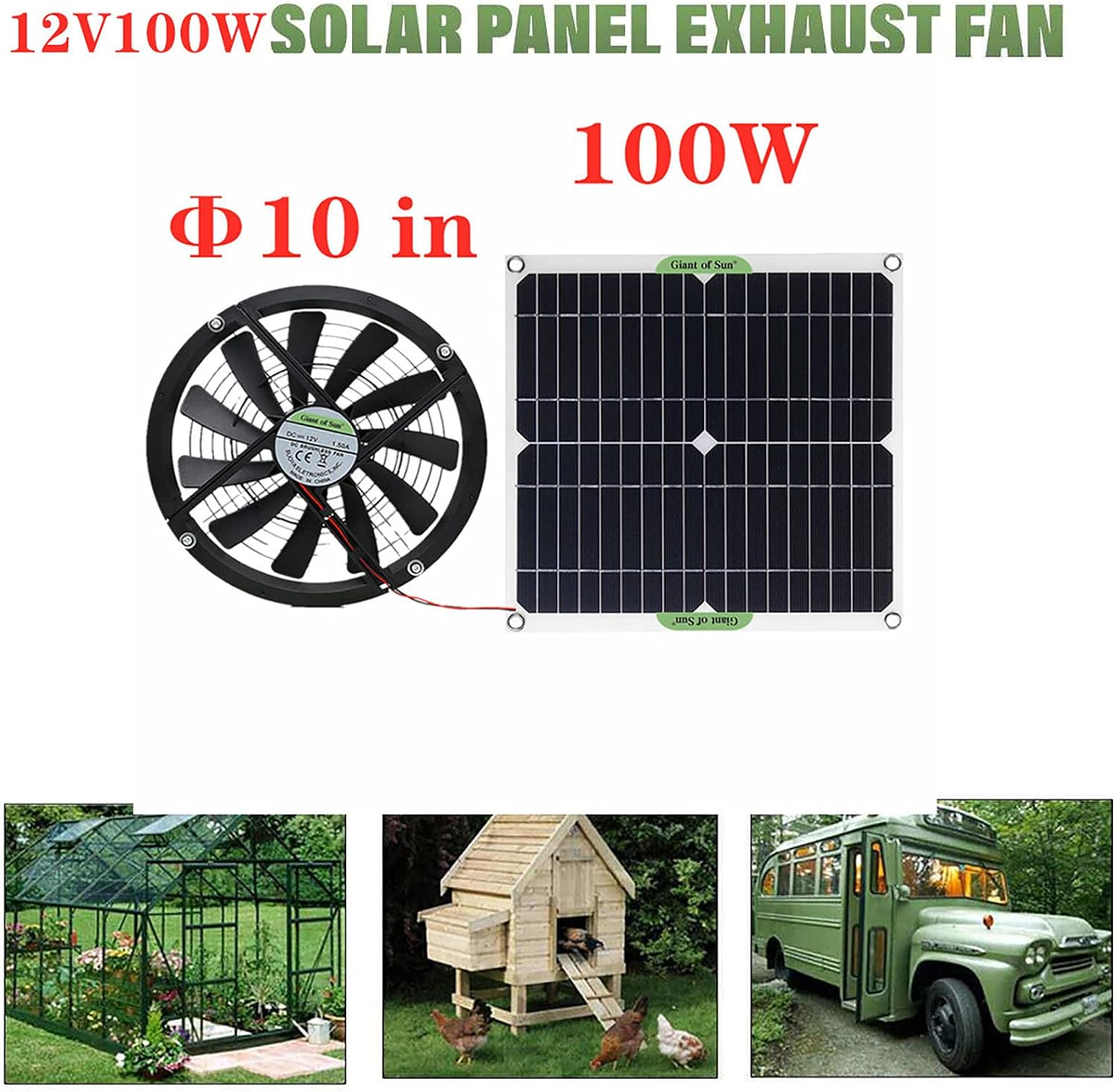 Solar Panel Powered Fan, ventilator IP65 Waterproof 100W 12V Solar Exhaust Fan for Dog Chicken House Greenhouse Rv Roof Quietly Cools and Ventilates